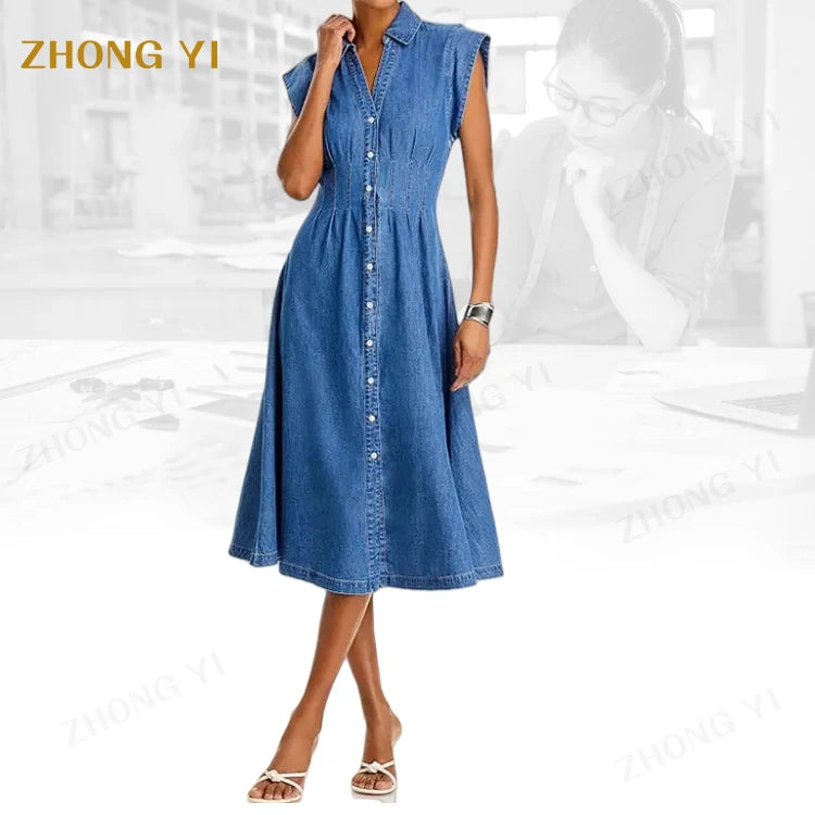 Clothing Factory Wholesale Custom Fashion Women Elegant Summer Blue Denim Cotton Lapel Short Sleeve Midi Casual Dress