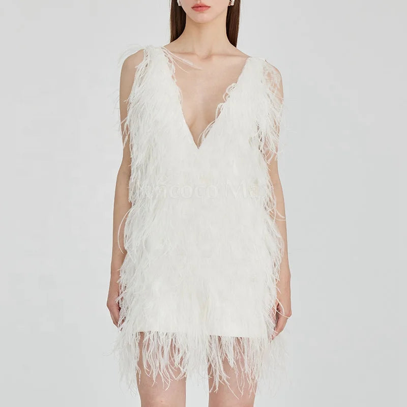 New Stylish Ladies Ostrich Feather Party Dress Feather Skirt Cocktail Party Dress