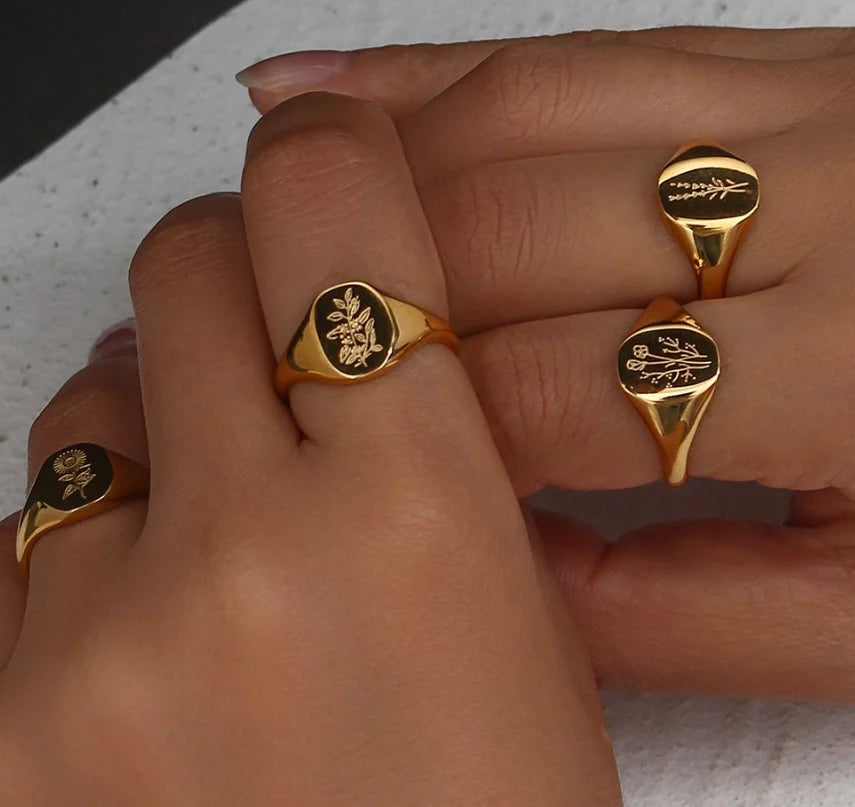 Tarnish Free Vintage Handmade Engraved Chunky Wedding Party Stainless Steel Signet Oval Sunflower Flower Ring Women's Gold