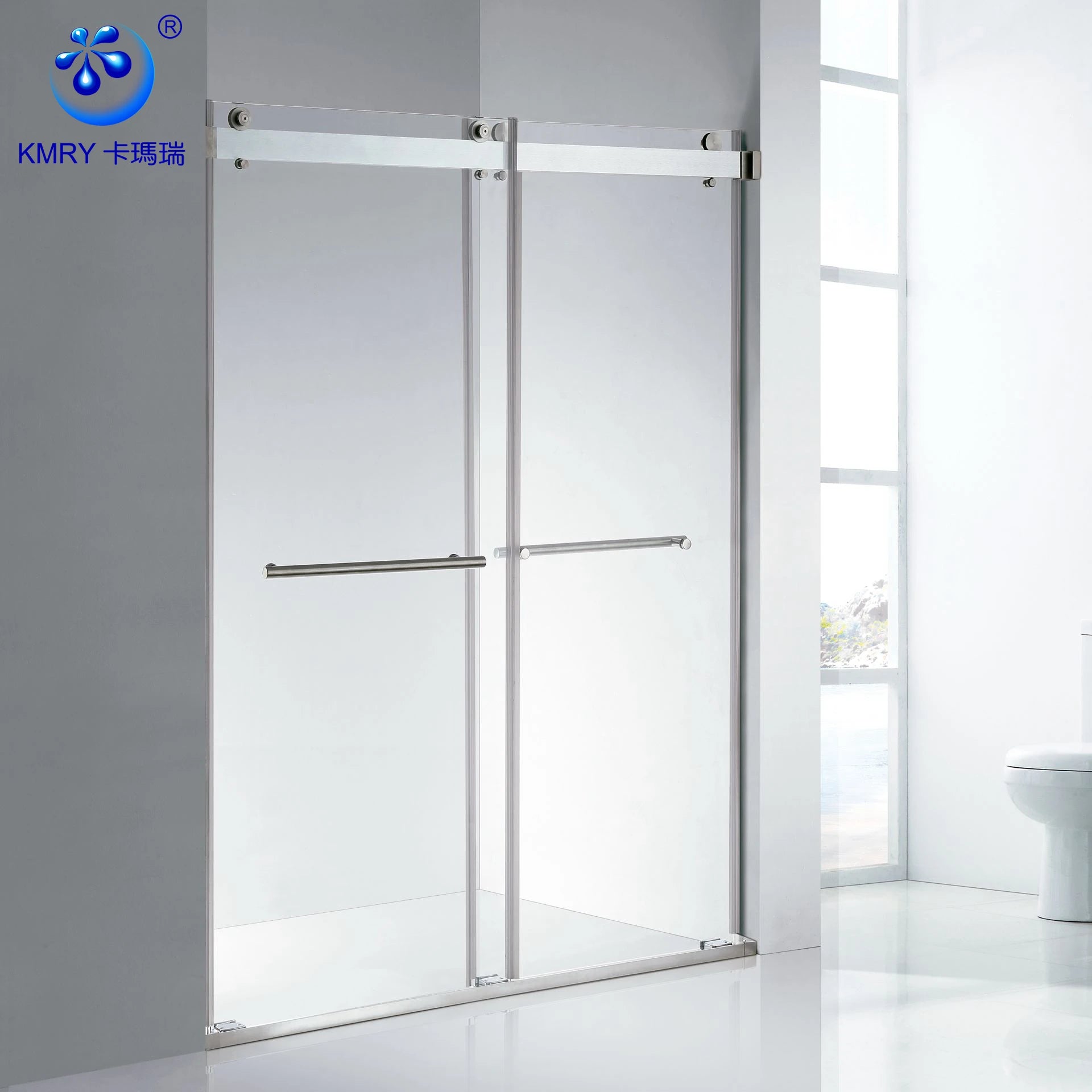 New Clear Tempered Glass Frameless Shower Enclosure Artificial Stone Tray Double Sliding Door Straight Modern Design for Hotel
