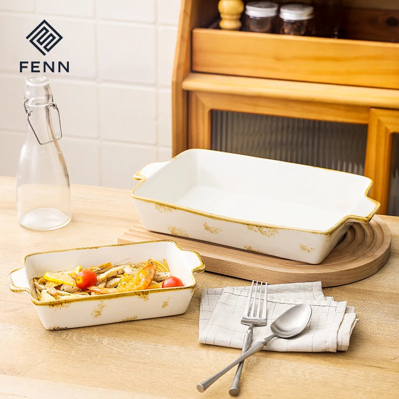 Rectangular Ceramic Dinner Set Chinese Style Oven Baking Plate Ceramic Bakeware Set Porcelainwith Handle Baking Dish