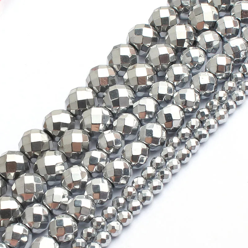 Natural 15 Inches Faceted Hematite Stone Beads 2/3/4/6/8/10MM Silver Plated for Jewelry Making