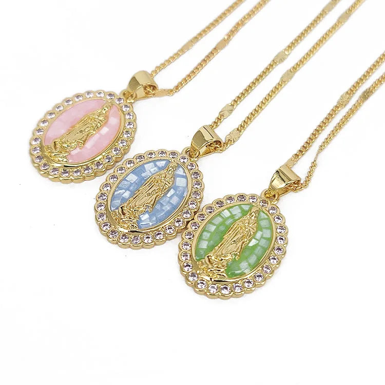 NZ1305  18k Gold Pink Blue Green Shell CZ Micro Pave Our Lady of Guadalupe Necklace Religious Jewelry Virgin Mary Necklace