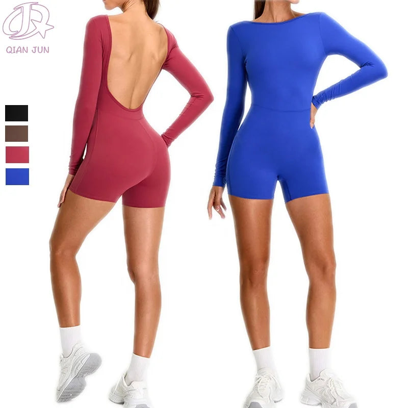 2025 New Sport Long Sleeve Solid Color Yoga Jumpsuit Women's Backless Workout Bodysuits Sports Bodysuits & Jumpsuits