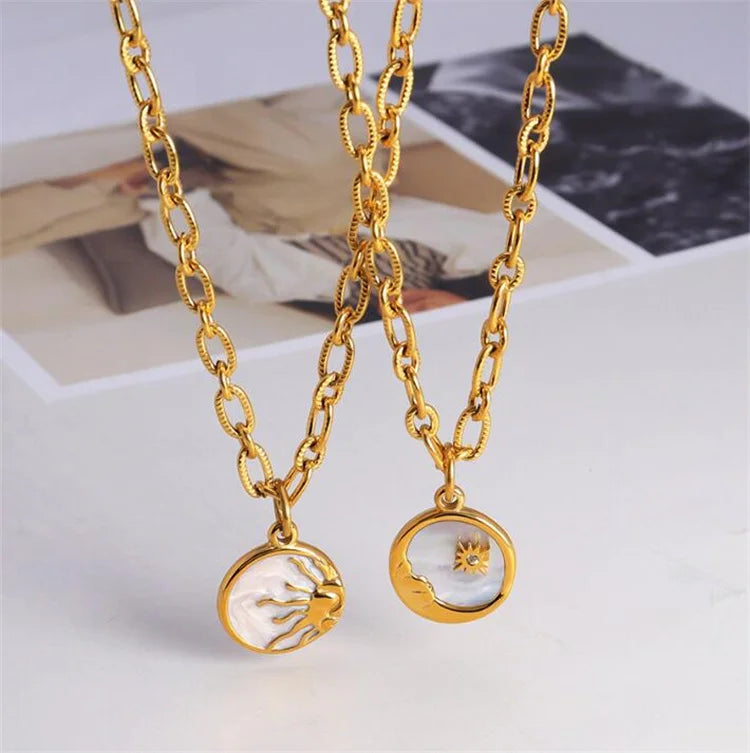 Vintage 18K Gold Plated Stainless Steel Wind Sun Moon Totem Pendant Necklace for Weddings Parties Jiagelin Brand July Birthstone