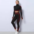 Women's Fall Winter Yoga Set Two-Piece Seamless Sports Leggings Elastic Waist Long Sleeve Crop Top Jacket Gym Sportswear Yoga