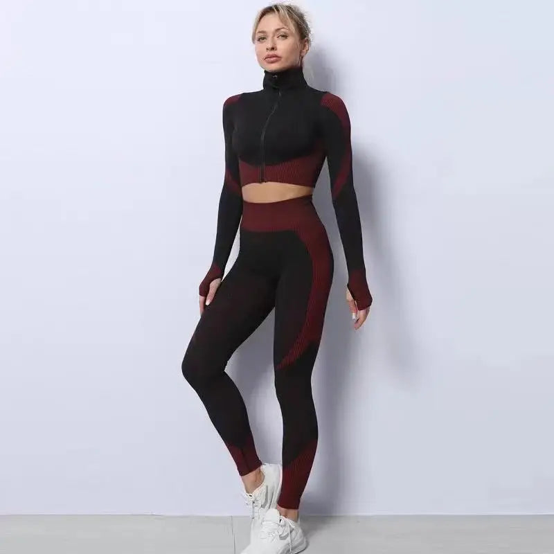 Women's Fall Winter Yoga Set Two-Piece Seamless Sports Leggings Elastic Waist Long Sleeve Crop Top Jacket Gym Sportswear Yoga