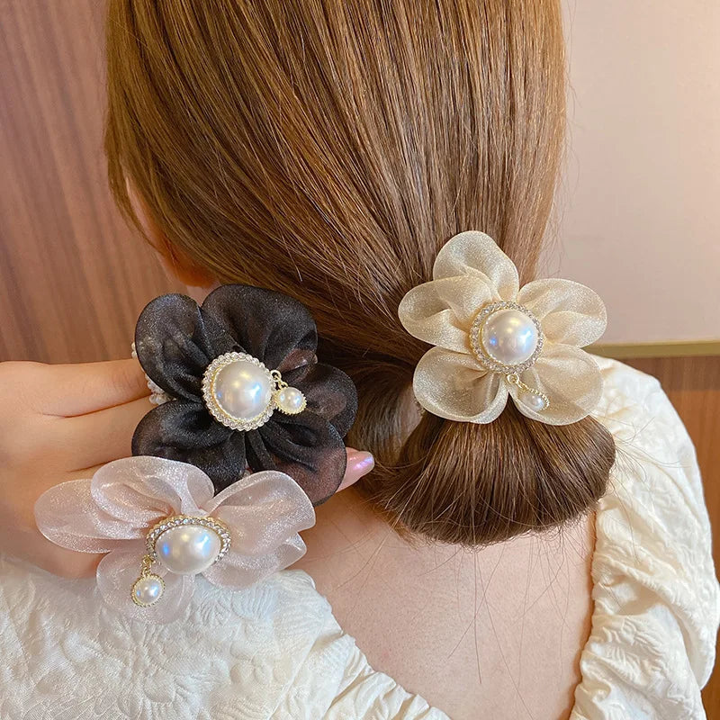 Fashion Woman Pearl Hair Ties Flower Hairband  Girls Ponytail Holders Rubber Band Hair Accessories