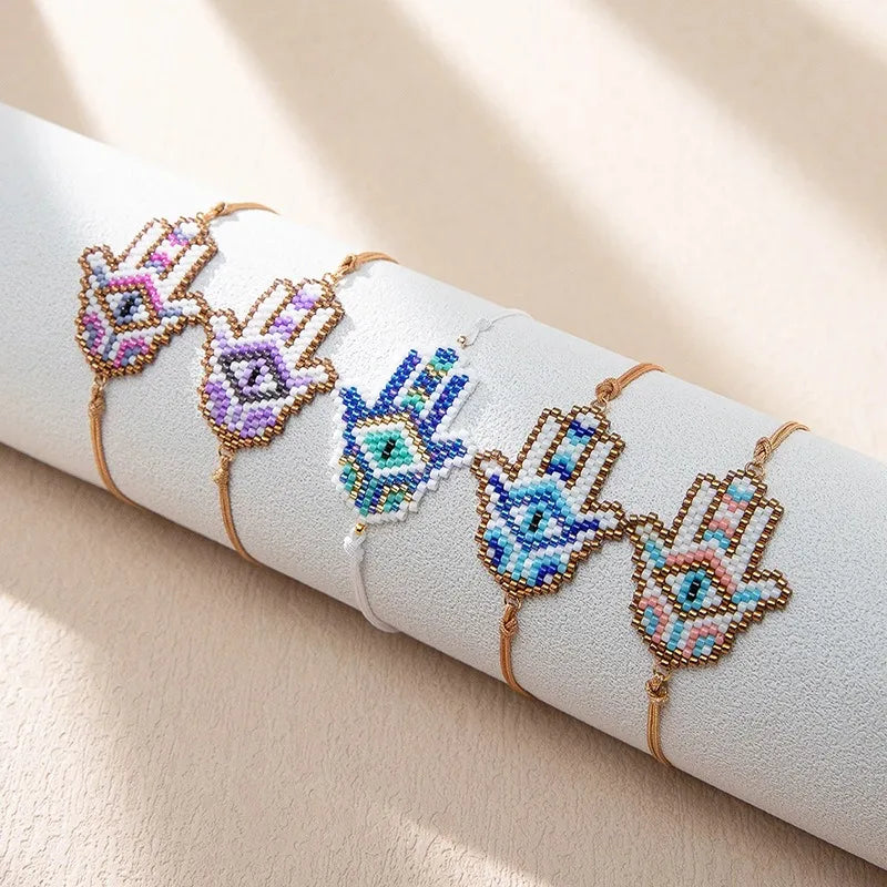 Handmade Bohemian Macrame Bead Bracelet Simple Metacarpus Pattern Jewelry Unique Wholesale Colorful Beaded Hamsa Hand Bracelets