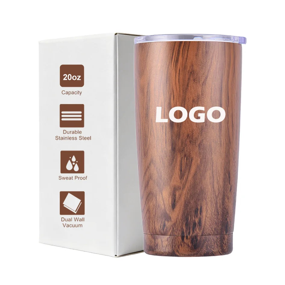 Eco Friendly 20oz Double Walled Stainless Steel Tumbler Cup Outdoor  Wooden Vintage Travel Mug With Lid