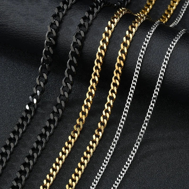 MECYLIFE Cheap Stainless Steel Jewelry Chains 3/5/7MM Flat Cuban Link Chain Necklace Hiphop Chain