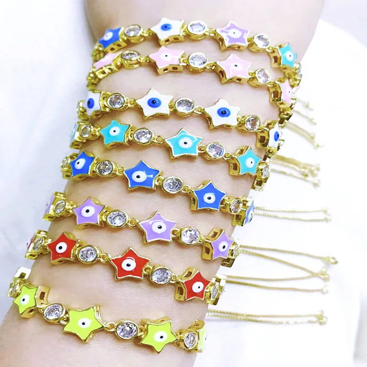 BC1406 Fashion18k Gold Plated Rainbow Enamel Multi Colored Star with Evil Eyes CZ Spiritual Tennis Link Chain bracelets