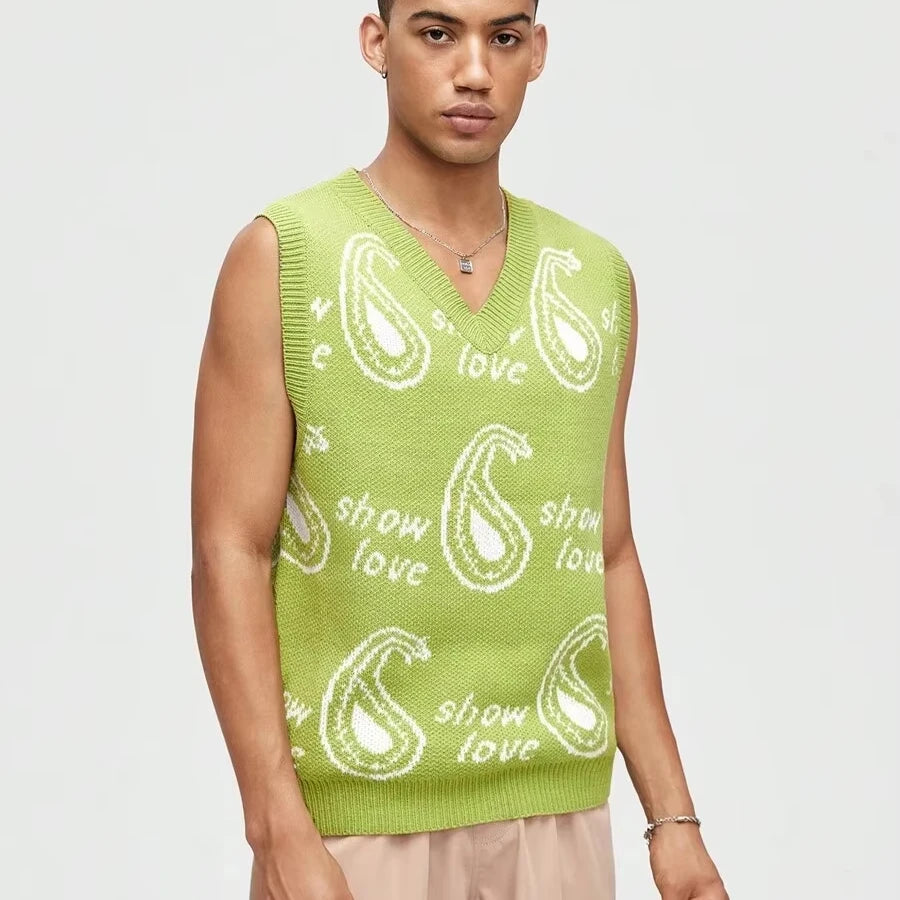 Custom Design Logo Fashion Casual Jacquard Cotton Knitwear Knit Pullover Top Men Knitted Sweater Vest Tank Top