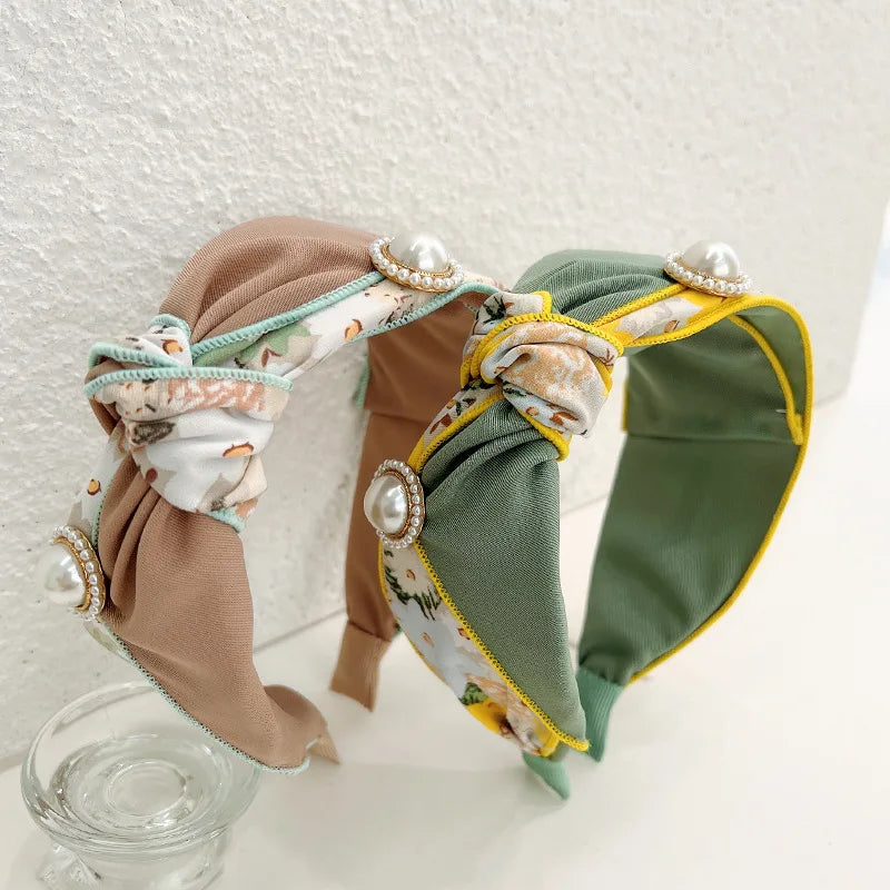 YIYI  Korean Style Fashion Printed Fabric Hair Accessories Color Matching Headband Knotted Pearl for Women