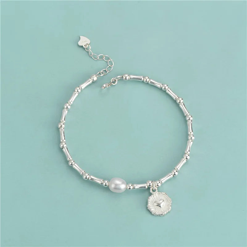 Simple Ins Style 925 Sterling Silver Pearl Bamboo Knot Beads Bracelets Round Pendant Beaded Bracelets Wholesale