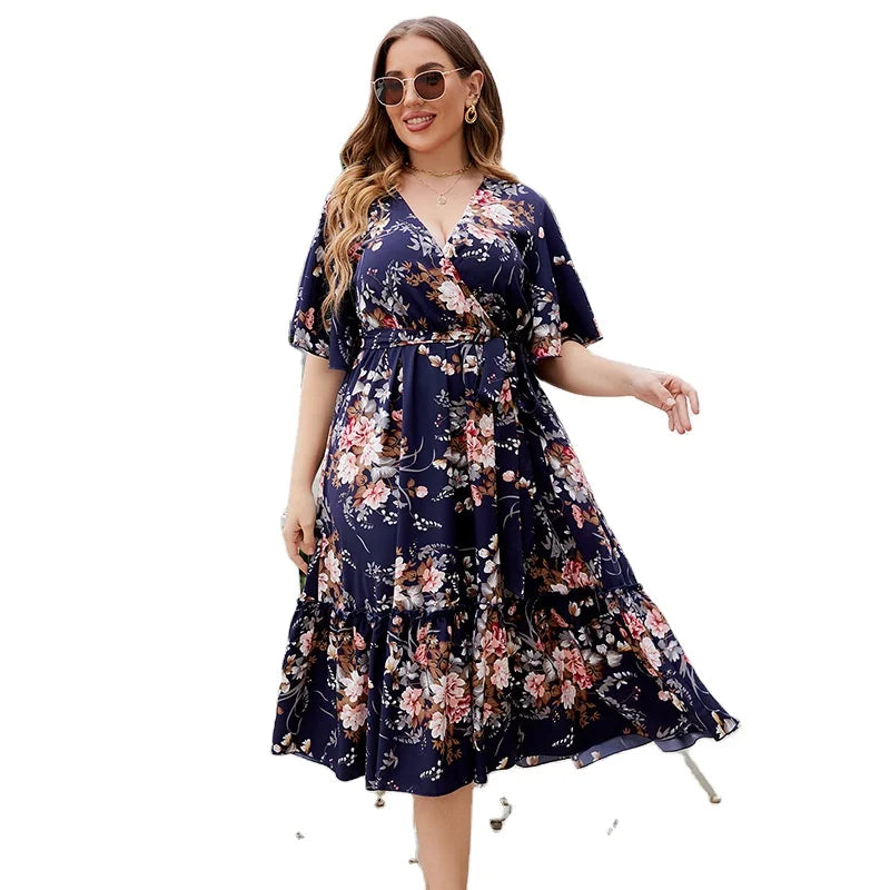 Women's Summer Elegant Short Sleeve Casual Deep V Sexy Dress Ruffle Bottom Floral Plus Size Long Dress
