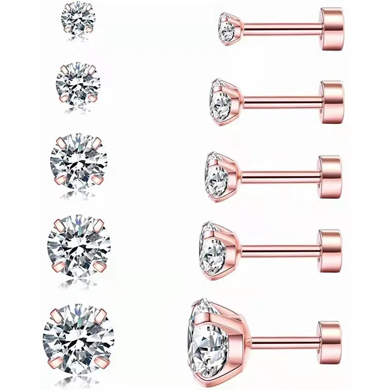 Multi Size Gold Plated Round White Diamond Stud Earring Screw Men Earrings Stainless Steel Screw Earrings