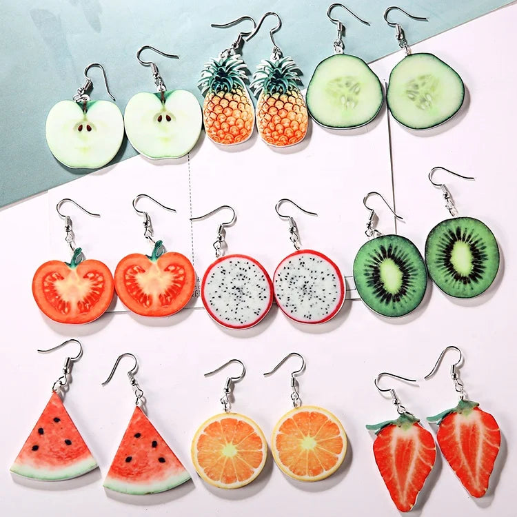 Wholesale Cute Apple Orange Strawberry Pineapple Pendant Women Acrylic Fruit Earring Jewelry for Ladies