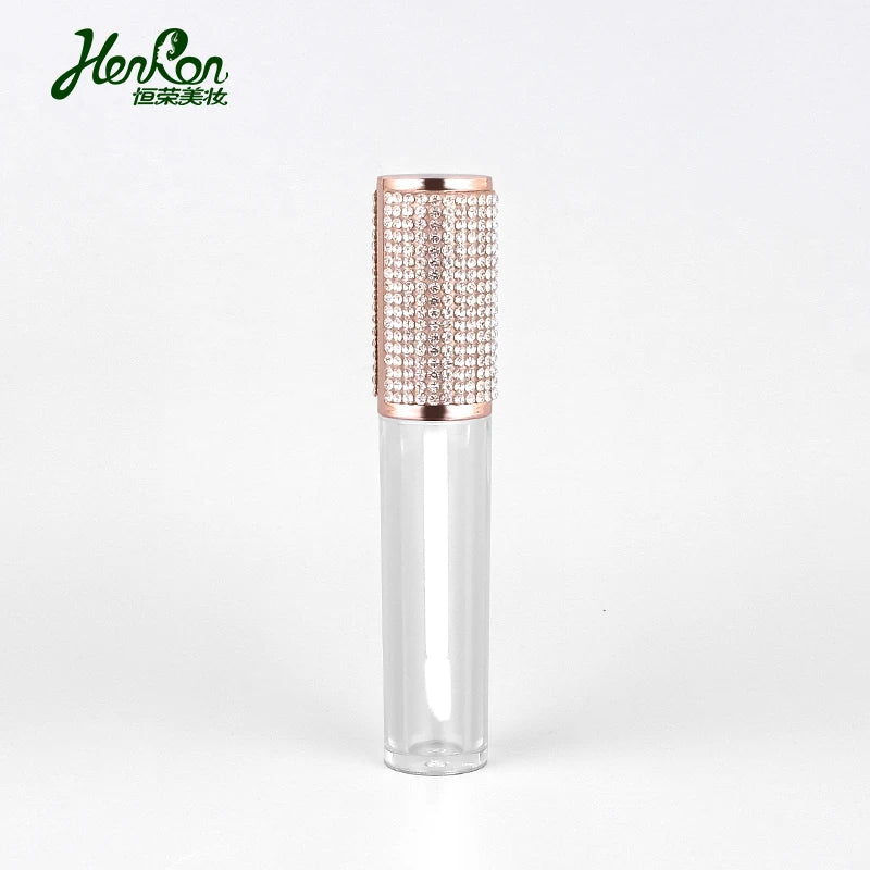 5ml Low MOQ Plastic Lip Gloss Tube with Diamond on Lid Rose Gold Wand Screen Printing Ready to Ship