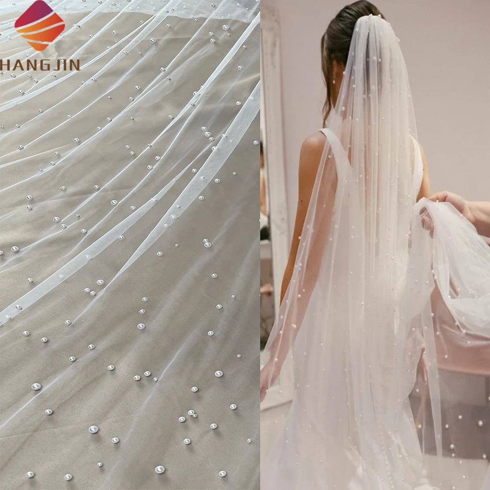 Factory Custom Low Density Large Pearls Cathedral Wedding Veil Tulle Fabric White Ivory Soft Tulle Mesh Fabric 3M Wide Veil