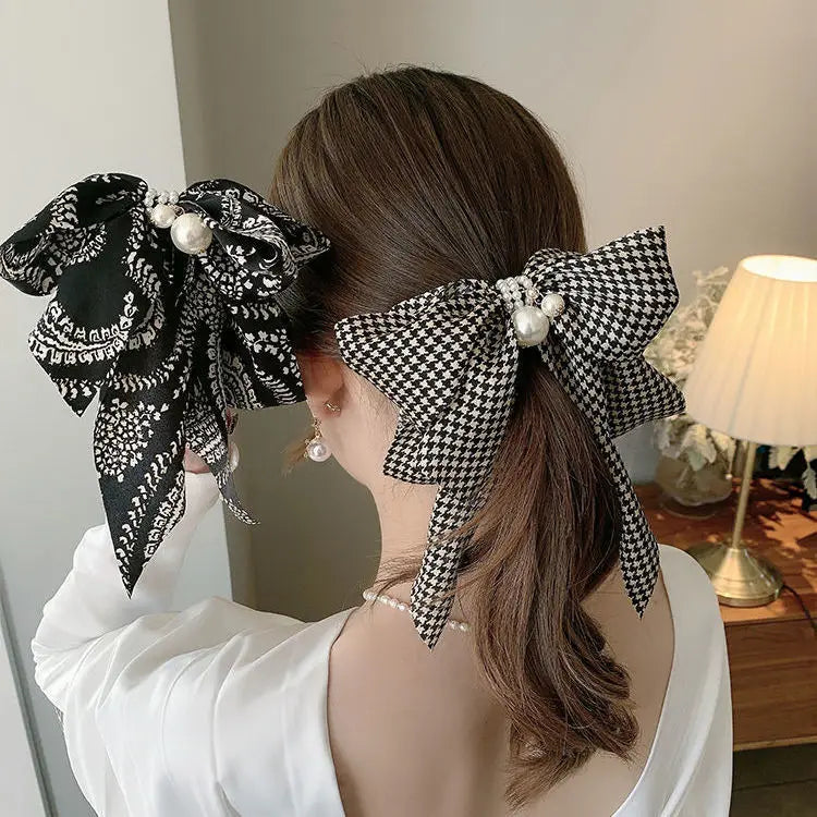 Fashion Women Pearl Hair Accessories Silk Satin Fabric Big Bow Hairgrip Ribbon Butterfly Spring Hair Clips for Women
