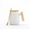 16oz White Black Ceramic Drinkware Bamboo Lid and Stir Spoon Wooden Handle Coffee Mug