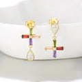 Fashion Luxury 925 Sterling Silver Jewelry Gold Plated Colorful Zirconia Asymmetric Cross Drop Stud Earrings for Women