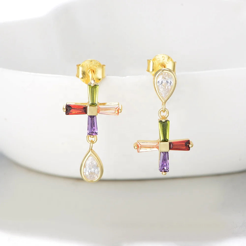 Fashion Luxury 925 Sterling Silver Jewelry Gold Plated Colorful Zirconia Asymmetric Cross Drop Stud Earrings for Women