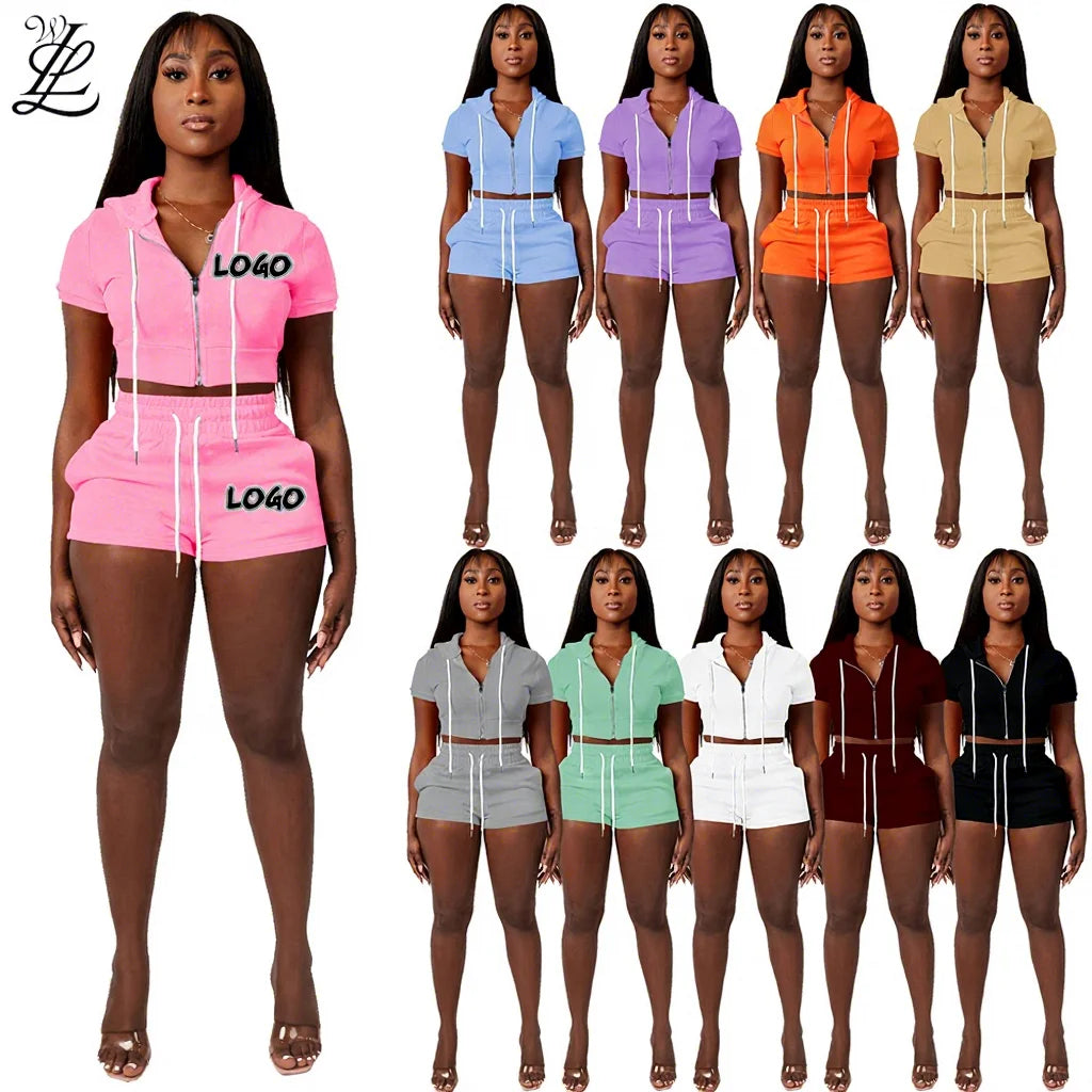 2024 New Wholesale  Women Set Crop Hoodie 2 Two Piece Short Set Tracksuit Jogger Sweatsuit Custom Logo Outfits 2 Piece Women