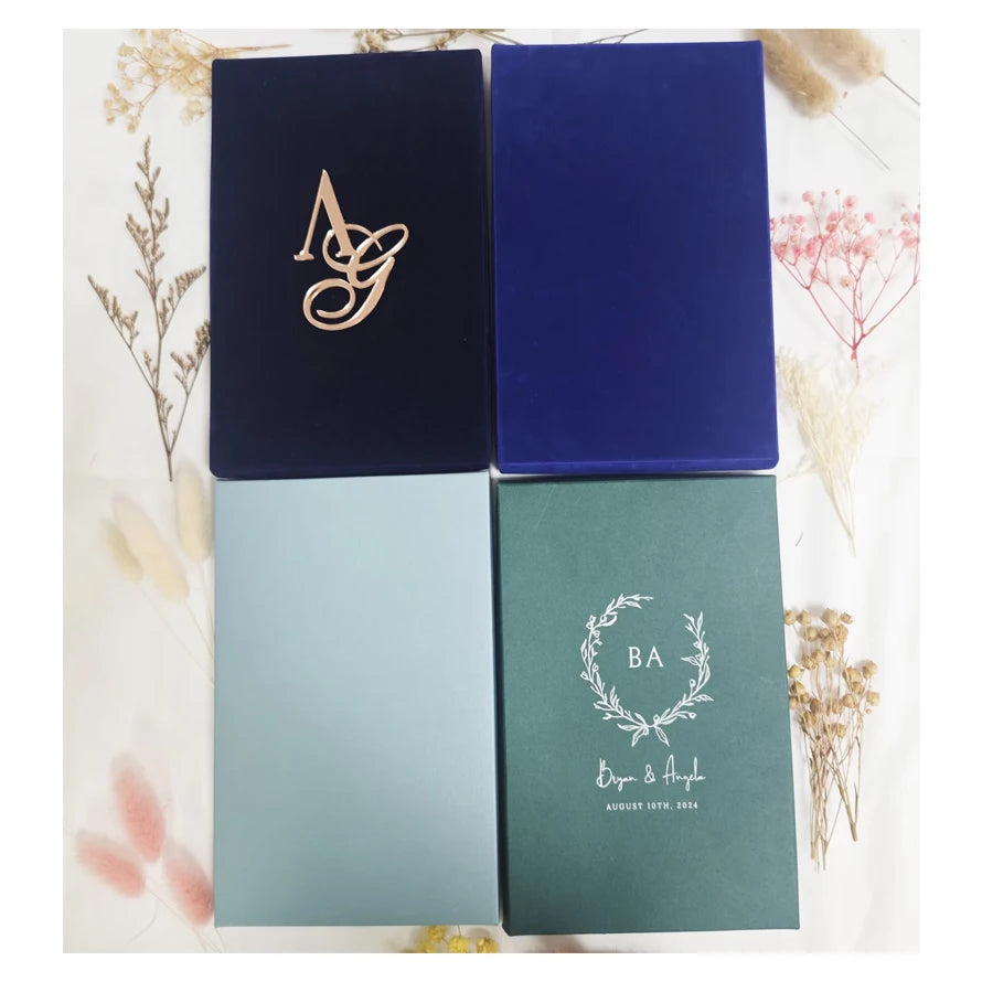 Factory Wholesale Custom Gold Foil Print Pearl Velvet Paper Box Quinceanera Party Wedding Acrylic Invitation Cards Boxes Gift