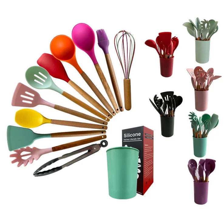 Silicone Kitchen Accessories Cooking Tools Kitchenware Cocina Utensils With Wooden Handles
