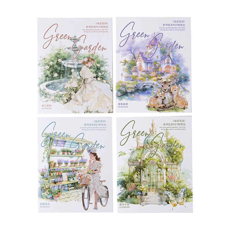 25 Sheets/pack PET Double White Ink Sticker Pack Green Garden Series Garden Layout Materials