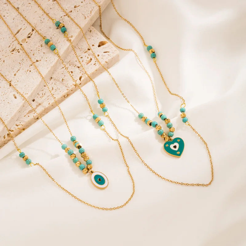Adjustable Stainless Steel Chain Enamel Evil Eyes Necklace Bohemia Turquoise Beads Heart Necklace for Women