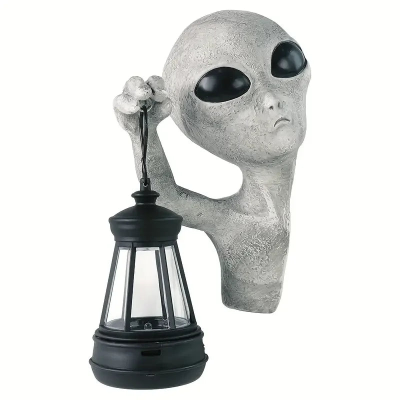 Alien Tree Lantern Resin Sculpture with Glowing Vintage Lamp Mysterious Extraterrestrial Emerging From Trunk for Garden Decor