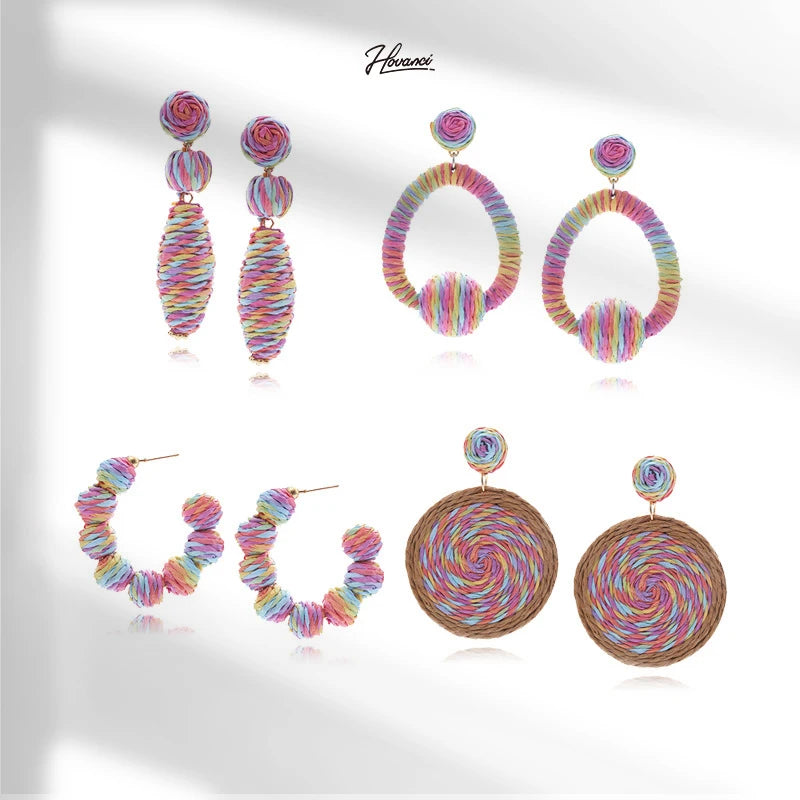 HOVANCI Bohemian Women Geometric Raffia Earrings Jewelry Statement Woven Earrings Jewelry for Beach Accessories