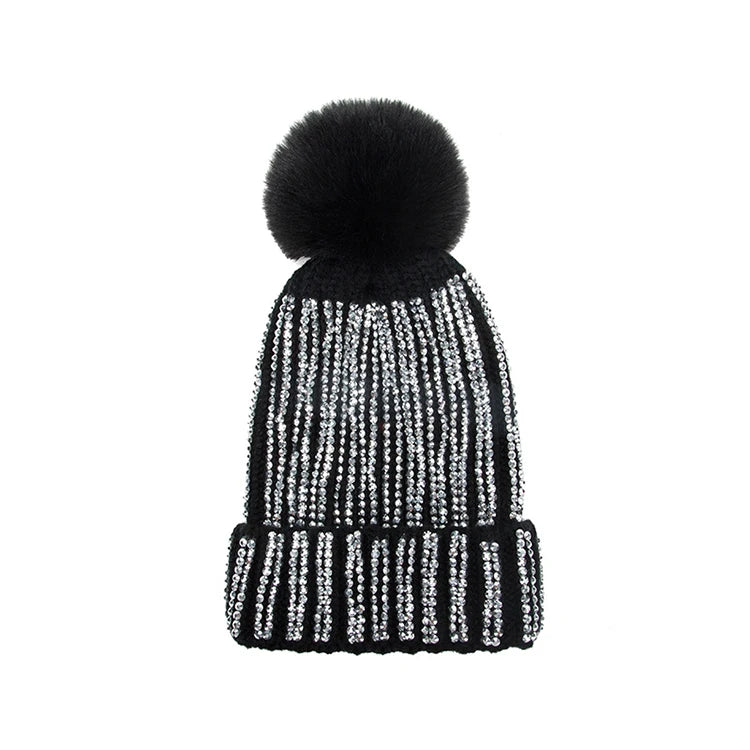 Fashion Double Row Rhinestone Beanie Autumn and Winter Warm Knitted Hat Luxury Pom Pom Beanie