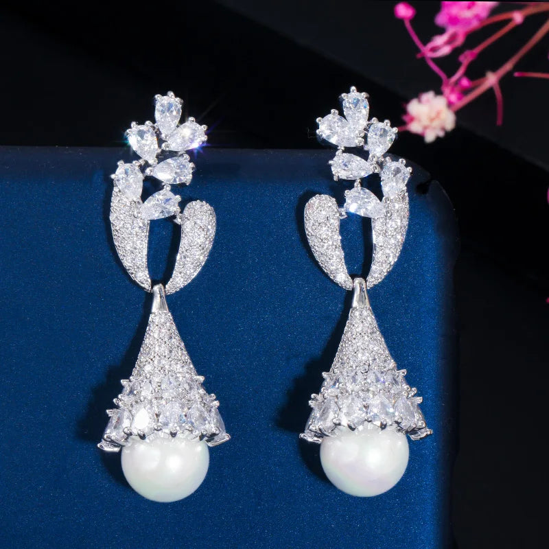 Shiny Symmetrical Cubic Zirconia Micro Pave Dangle Drop Silver Plated Pearl Wedding Earrings for Women Bridal Gorgeous Jewelry