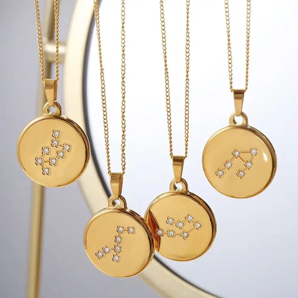 Dainty Women Gold Plated Jewelry Zircon Zodiac Tray Pendant Necklace