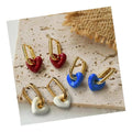 Vintage Red White Heart Pendant 18k Gold Plated Stainless Steel U Shaped Huggie Hoop Earrings with a Heart