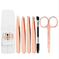 6pcs Rose Gold Stainless Steel Eyebrow Tweezer Set Slanted Tip Makeup Brush Kit with Curved Eyebrow Clip and Leather Pouch
