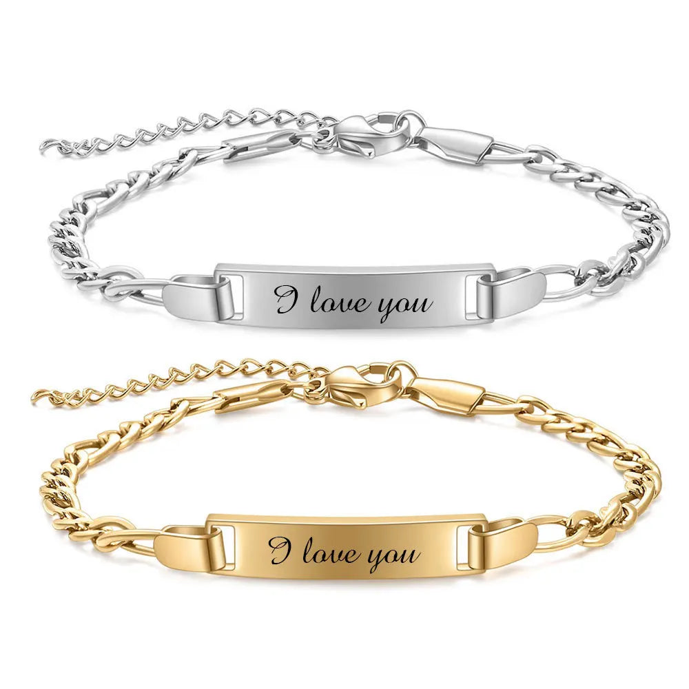 X105 Wholesale 5MM Width Stainless Steel Engraved I Love You Letter Bracelet Gold Plated Couple Charm Bracelet for Men Women