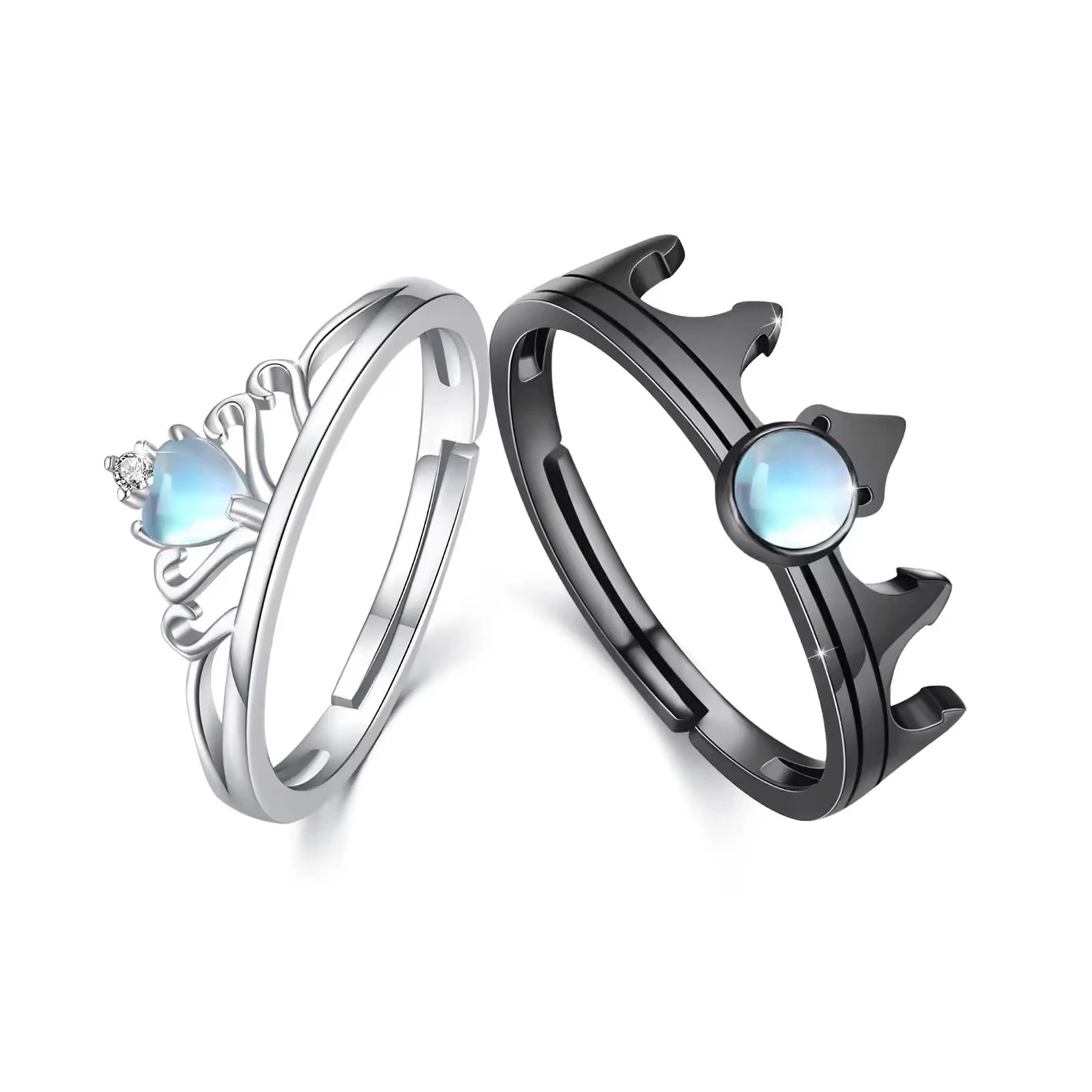 Couple Jewelry 925 Sterling Silver Rhodium Plated&Black Rhodium Crown Moonstone Promise Ring
