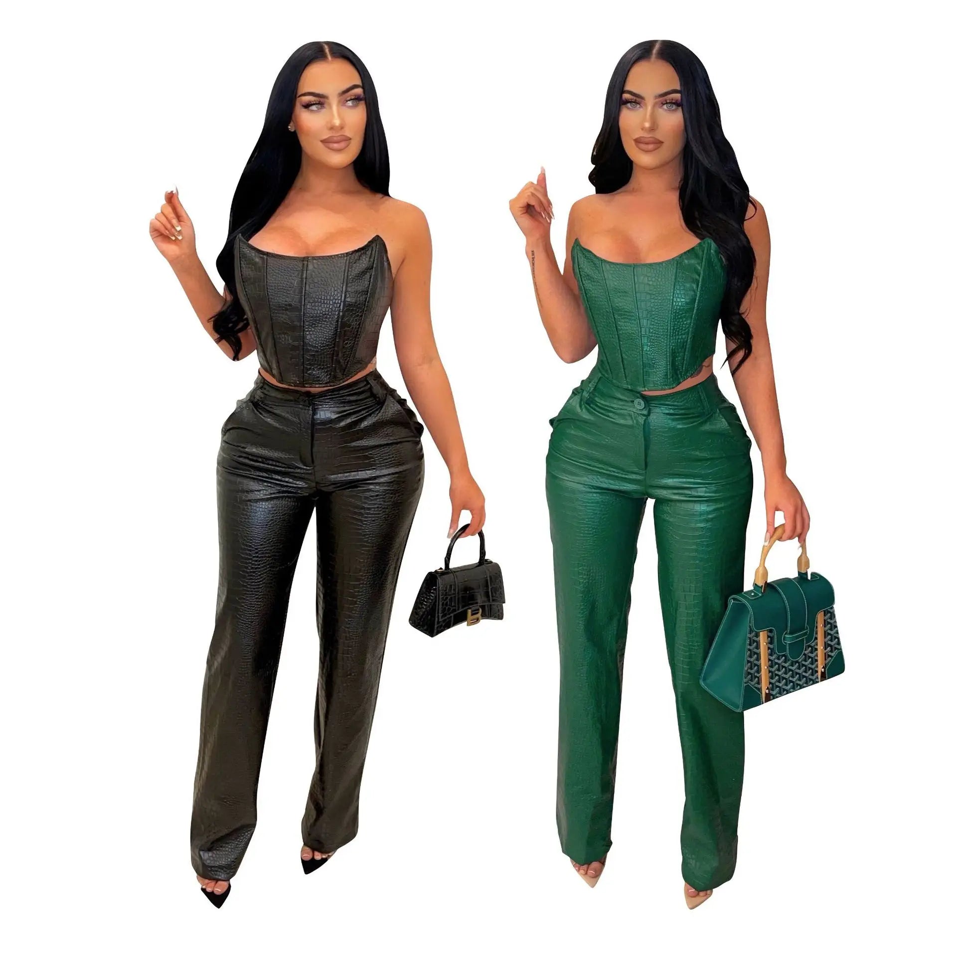 AL259 Latest Design PU Leather Outfits for Women Sleeveless Zipper Vest and Straight Leg Pants Set 2 Piece Set for Women