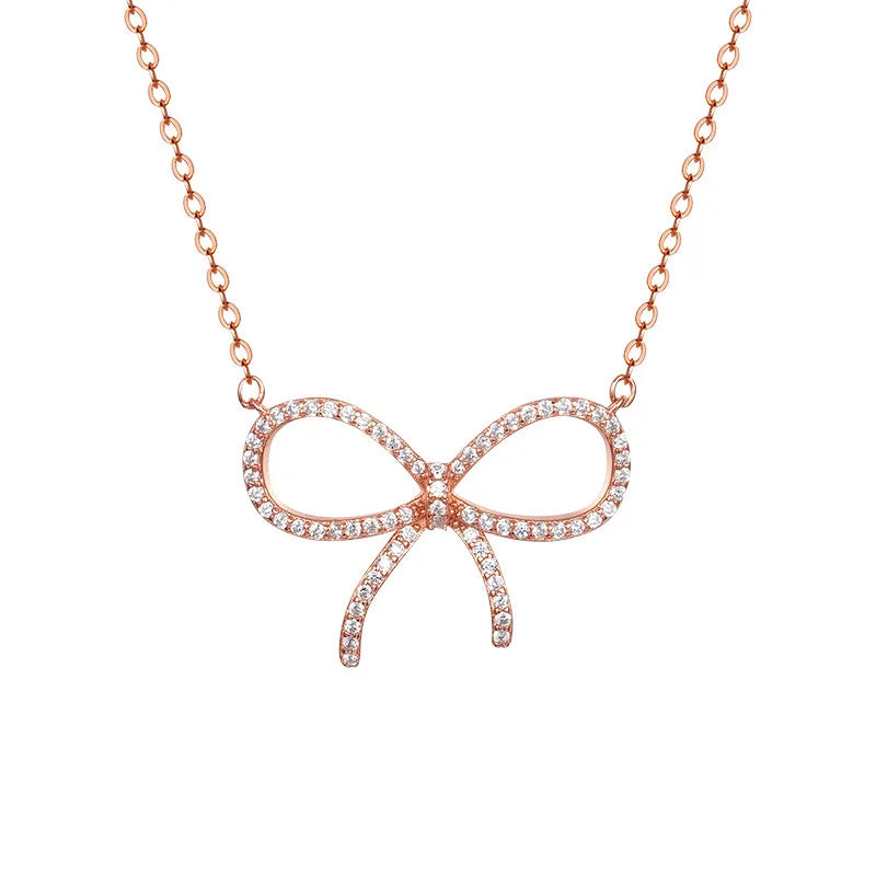 Wish Jewelry Beautiful Gold Plated Micro Paved Cubic Zircon Bowknot Shape Popular 925 Silver Full Diamond Bow Pendant Necklace