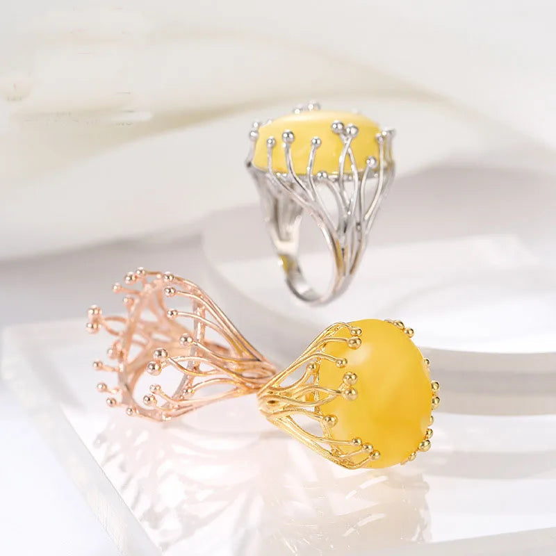 925 Silver Female Blank Ring Holder Fashion 16*20mm Big Oval Ring Setting for Inlaid Amber Jade Jewelry Making