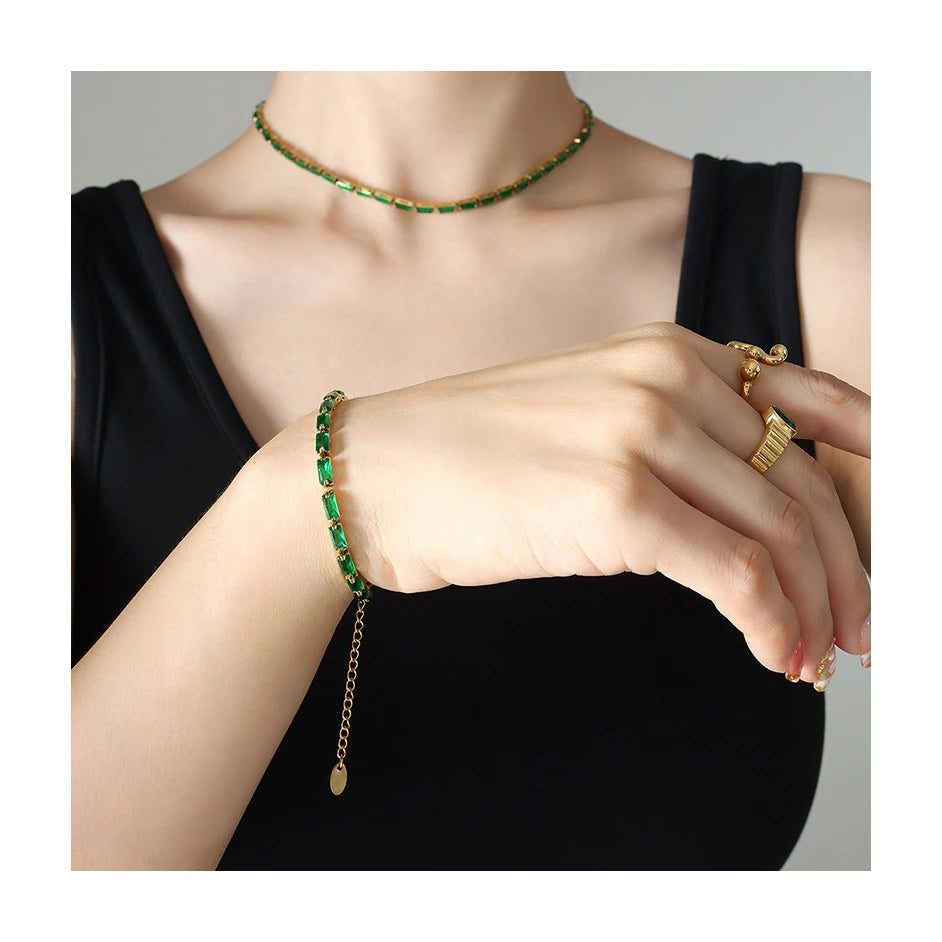 ERESI PVD 18K Gold Plated Stainless Steel Chain Choker Necklace Dainty Women Colorful Cubic Zirconia Necklace Bracelet Set