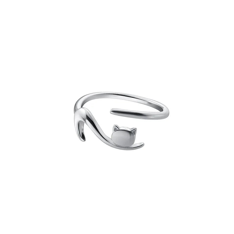 925 Sterling Silver Animal Cat Shape Adjustable Open Finger Rings Cute Fashion Jewelry for Women Girls