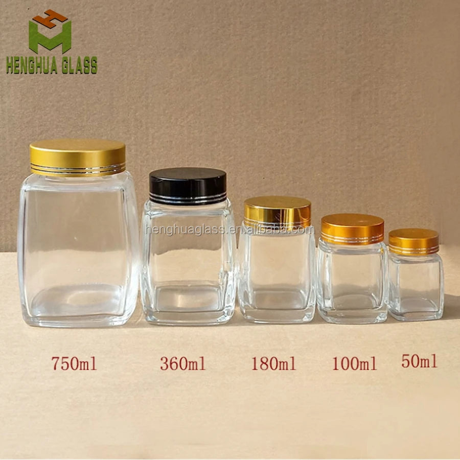 High Quality 50ml 100ml 180ml 360ml 750ml Luxury square Glass Honey Jar clear Food Glass Jars Jam Jar with Screw Cap