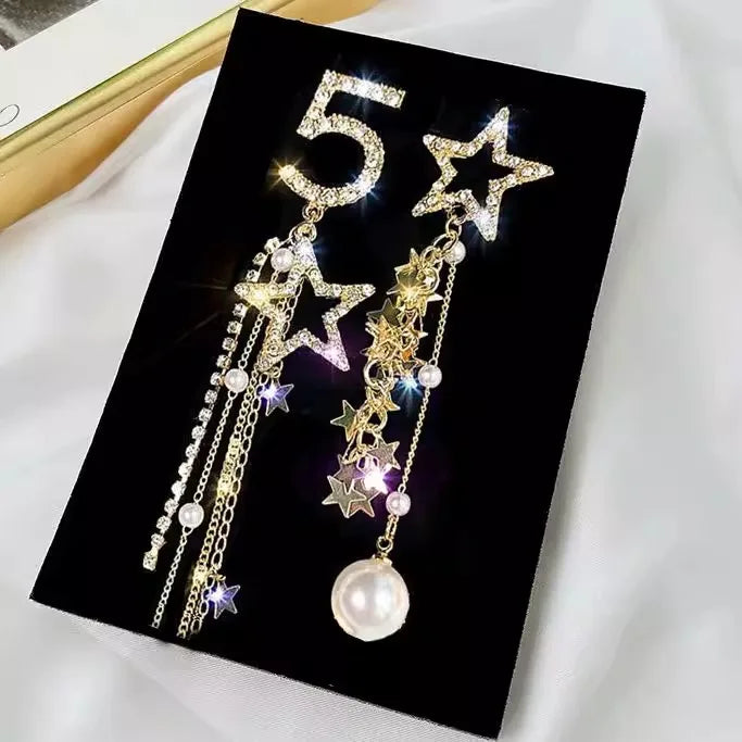Wholesale Fashion Rhinestone Design Star Shaped Lucky Number 5 Long Tassel Women's Earrings Birthday Party Gift Customization