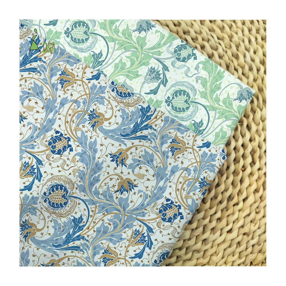 Custom Printed Blue & Green Leaves Lightweight Stain Resistant 100% Cotton Woven Fabric for Girls & Boys Garments